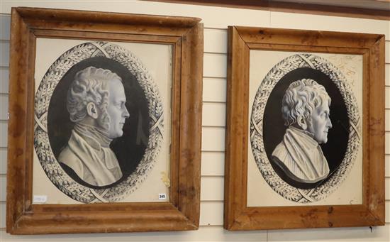 English School, pair of monochrome watercolours, Relief portraits of 19th century gentleman, 62 x 55cm